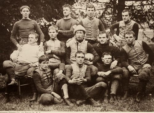 "Taken in Fall, 1893, this the class of 1894's football team, after they had won inter-class football championship at the US Naval Academy. Clarence England is center row, far left, in the white sweater."